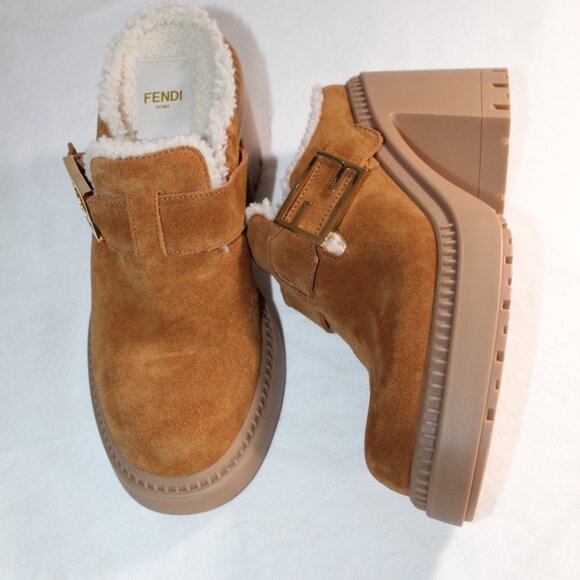 NWOB FENDI Shearling Feel Buckled Heels Slip Ons Mules Clogs Suede Leather 38 - Picture 5 of 8